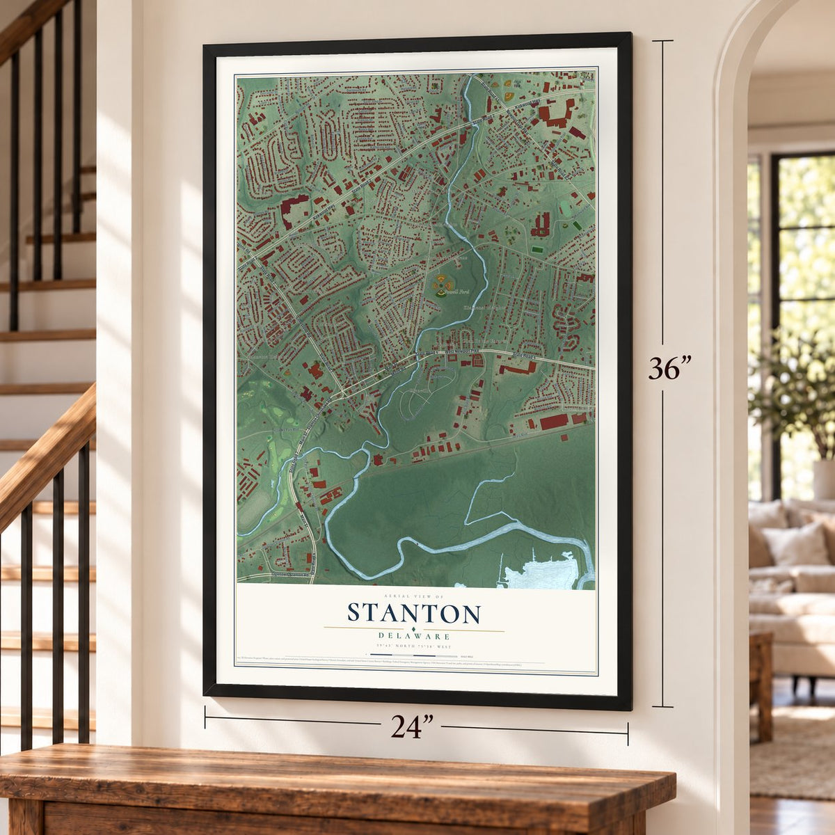 Stanton, Delaware map, 24 x 36 inch print in a black frame by a staircase