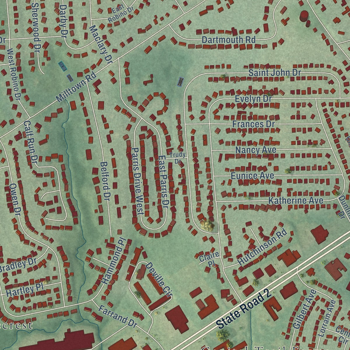 Close-up of the map of Stanton, Delaware print showing street and building detail