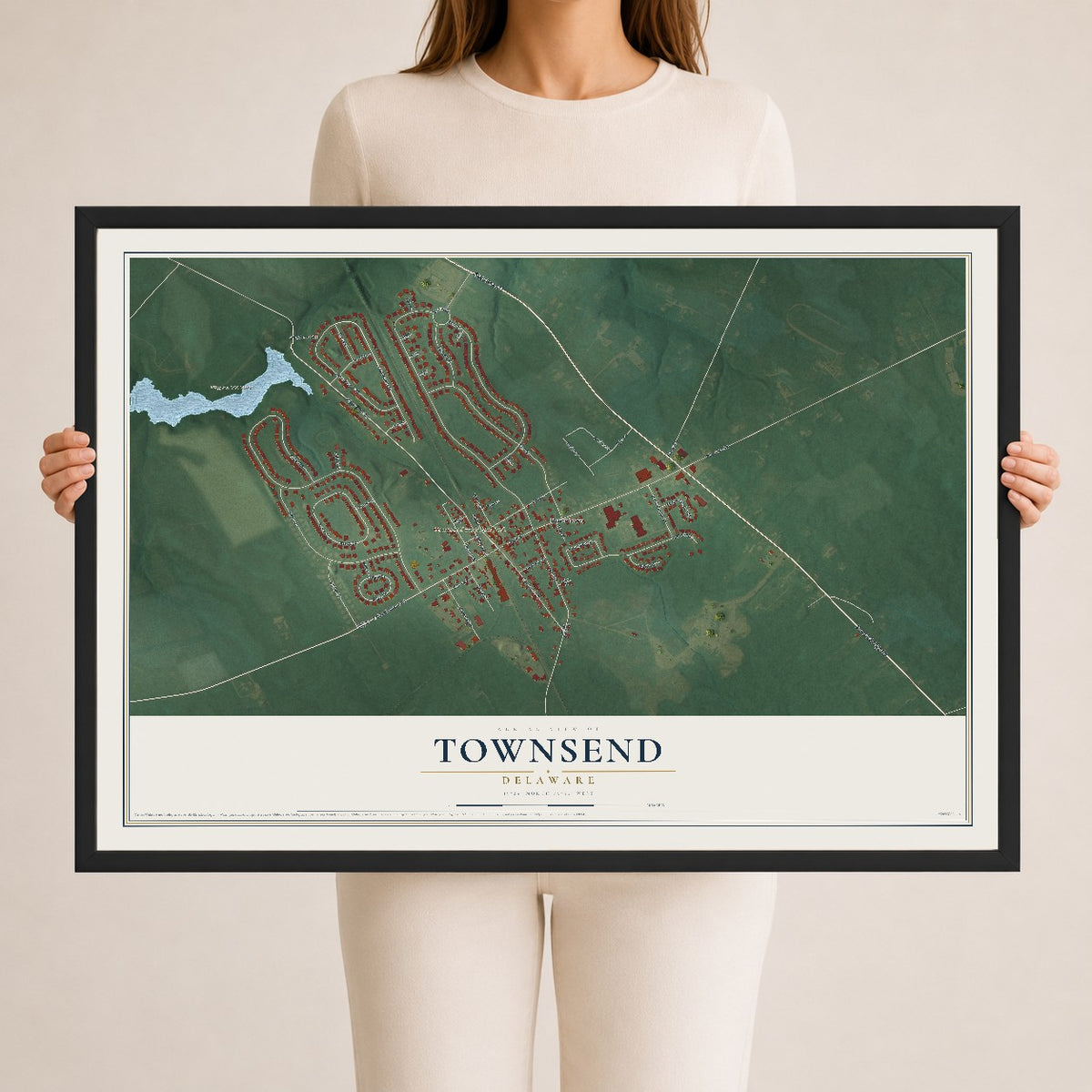 Map of Townsend, Delaware, 24 x 36 inch print in a black wood frame
