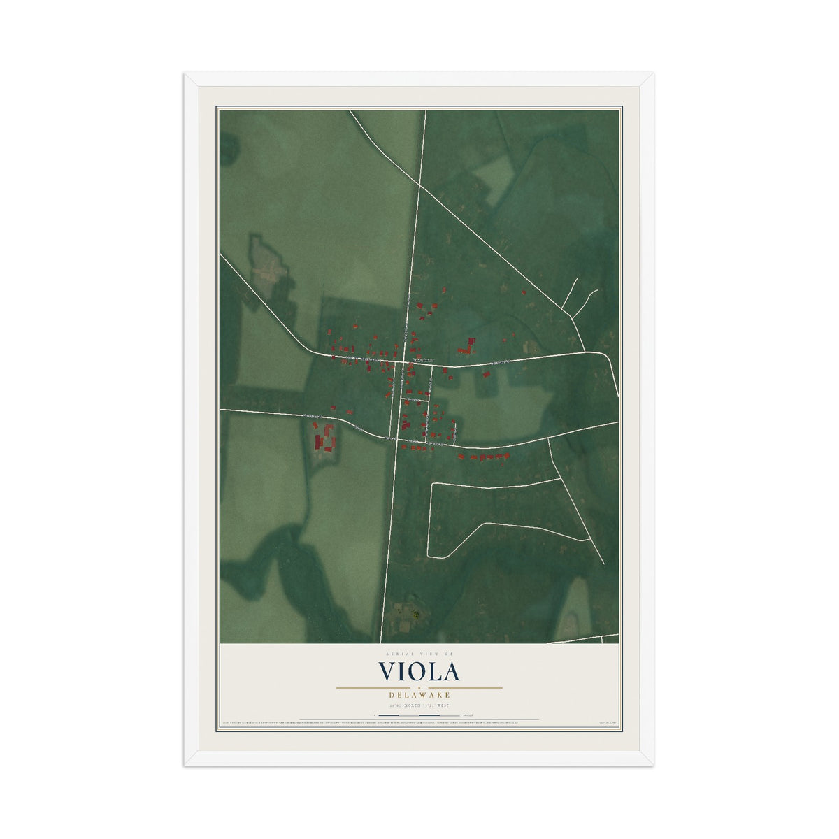 Map of Viola, Delaware, 12 x 18 inch print in a white wood frame
