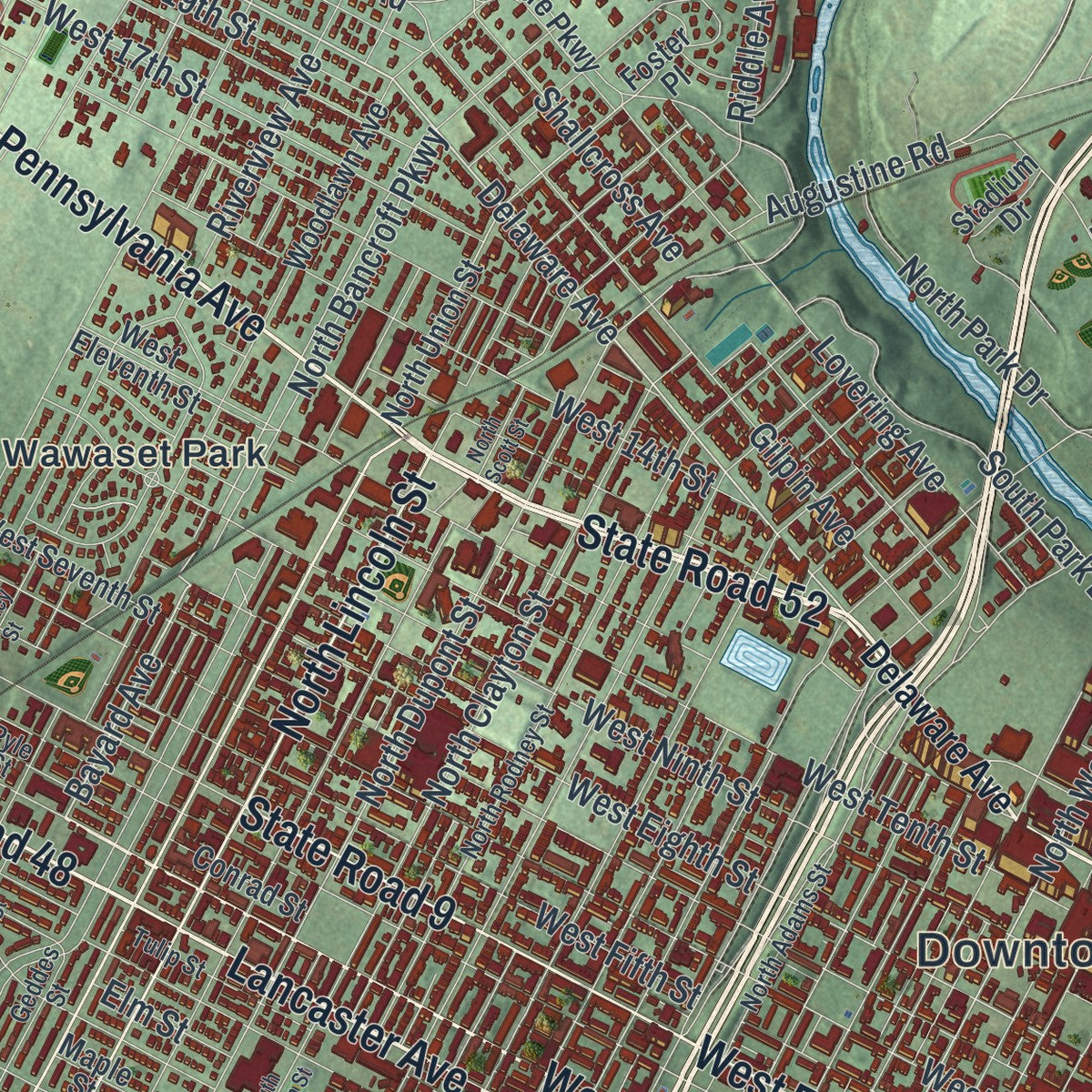 Close-up of the map of Wilmington, Delaware print showing street and building detail
