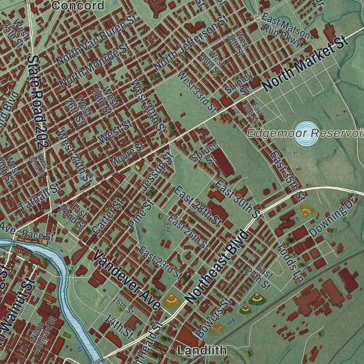 Second close-up of the map of Wilmington, Delaware print showing more streets and buildings