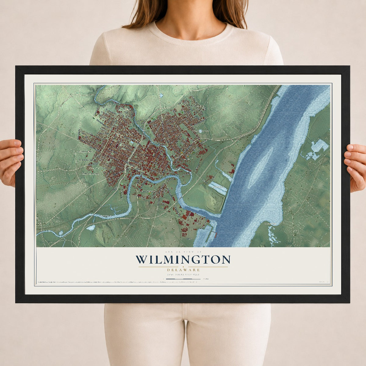 Map of Wilmington, Delaware, 18 x 24 inch print in a black wood frame