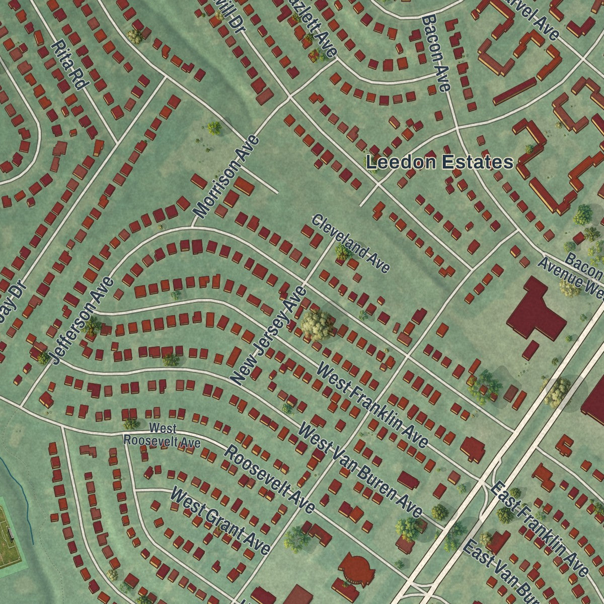 Close-up of the map of Wilmington Manor, Delaware print showing street and building detail