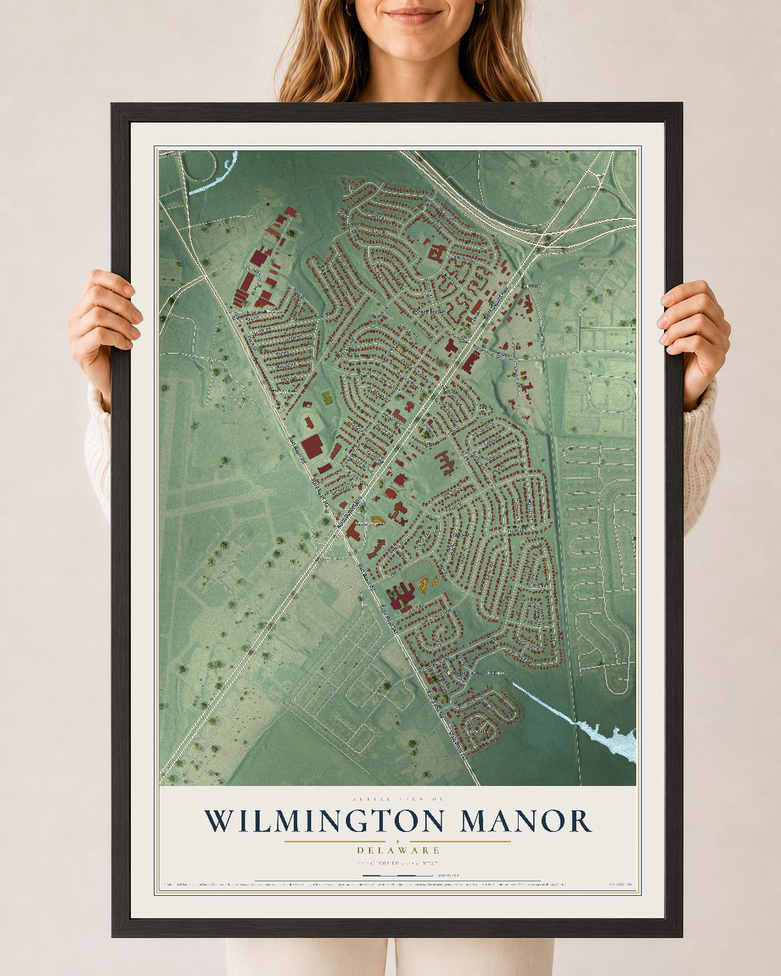 Map of Wilmington Manor, Delaware, 24 x 36 inch print in a black wood frame
