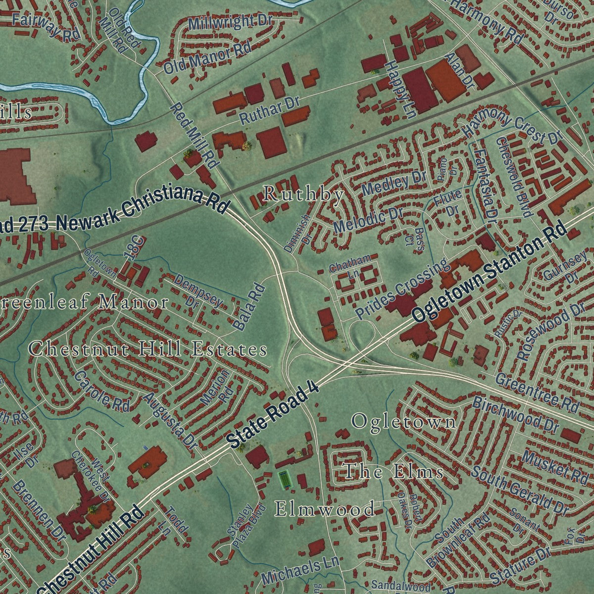 Close-up of the map of Wilson, Delaware print showing street and building detail