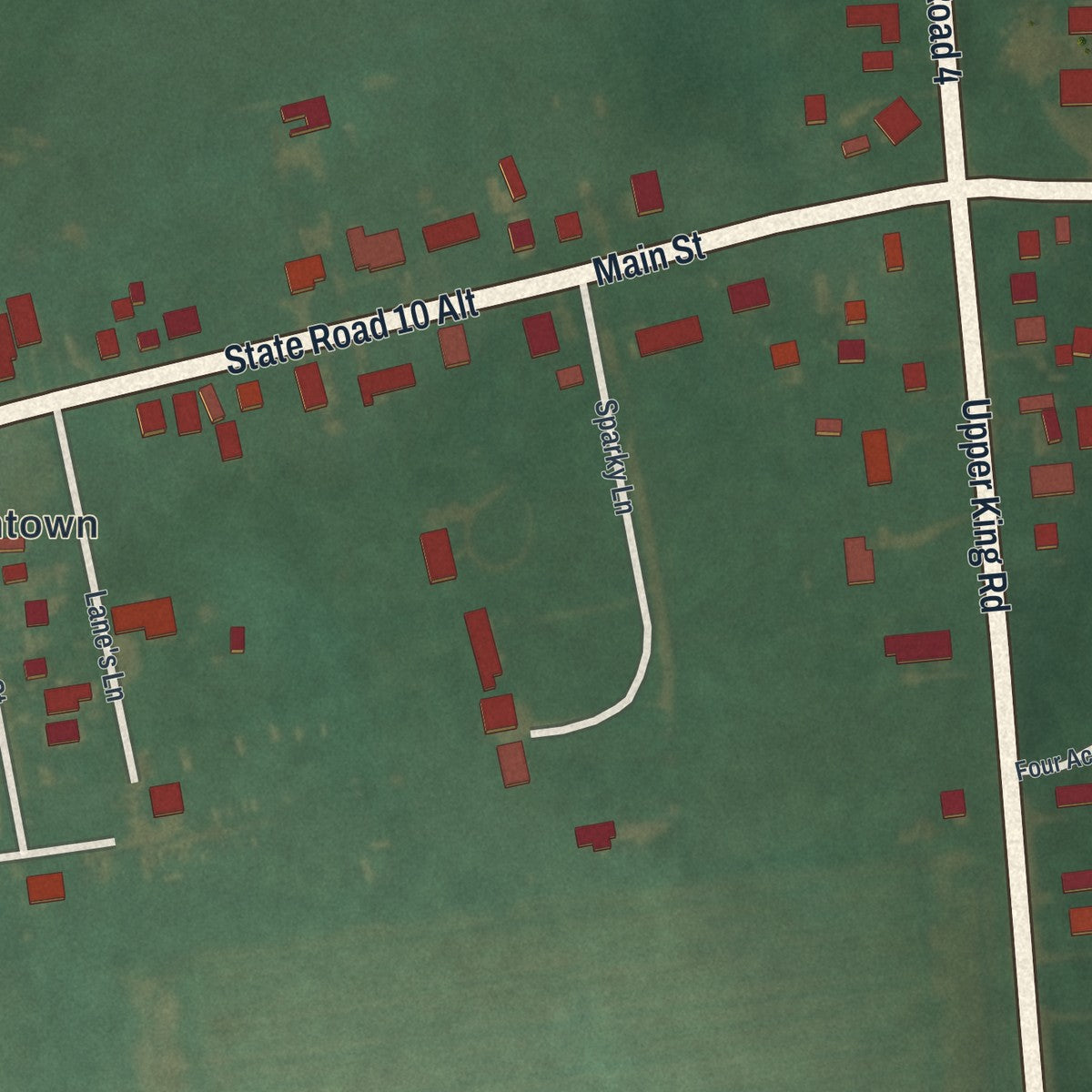 Close-up of the map of Woodside, Delaware print showing street and building detail