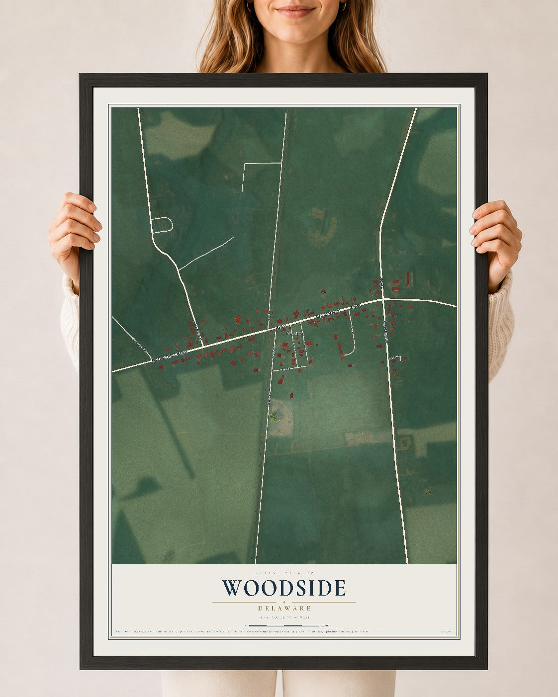 Map of Woodside, Delaware, 24 x 36 inch print in a black wood frame