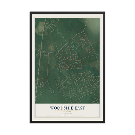 Map of Woodside East, Delaware, 12 x 18 inch print in a black wood frame