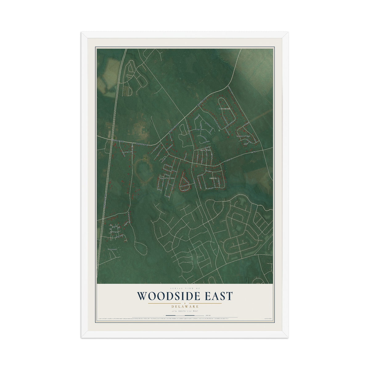 Map of Woodside East, Delaware, 12 x 18 inch print in a white wood frame