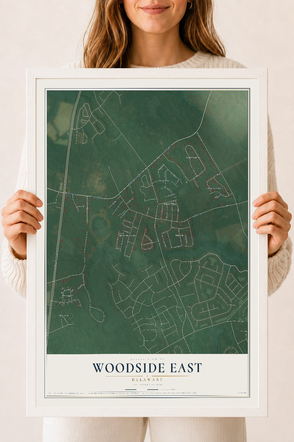 Map of Woodside East, Delaware, 18 x 24 inch print in a white wood frame