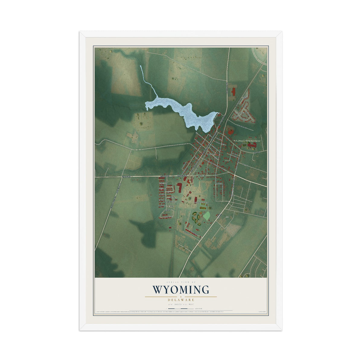 Map of Wyoming, Delaware, 12 x 18 inch print in a white wood frame