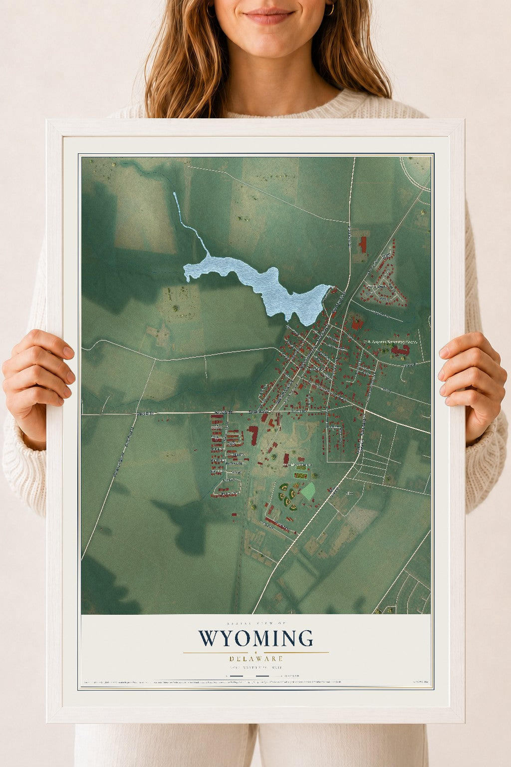 Map of Wyoming, Delaware, 18 x 24 inch print in a white wood frame