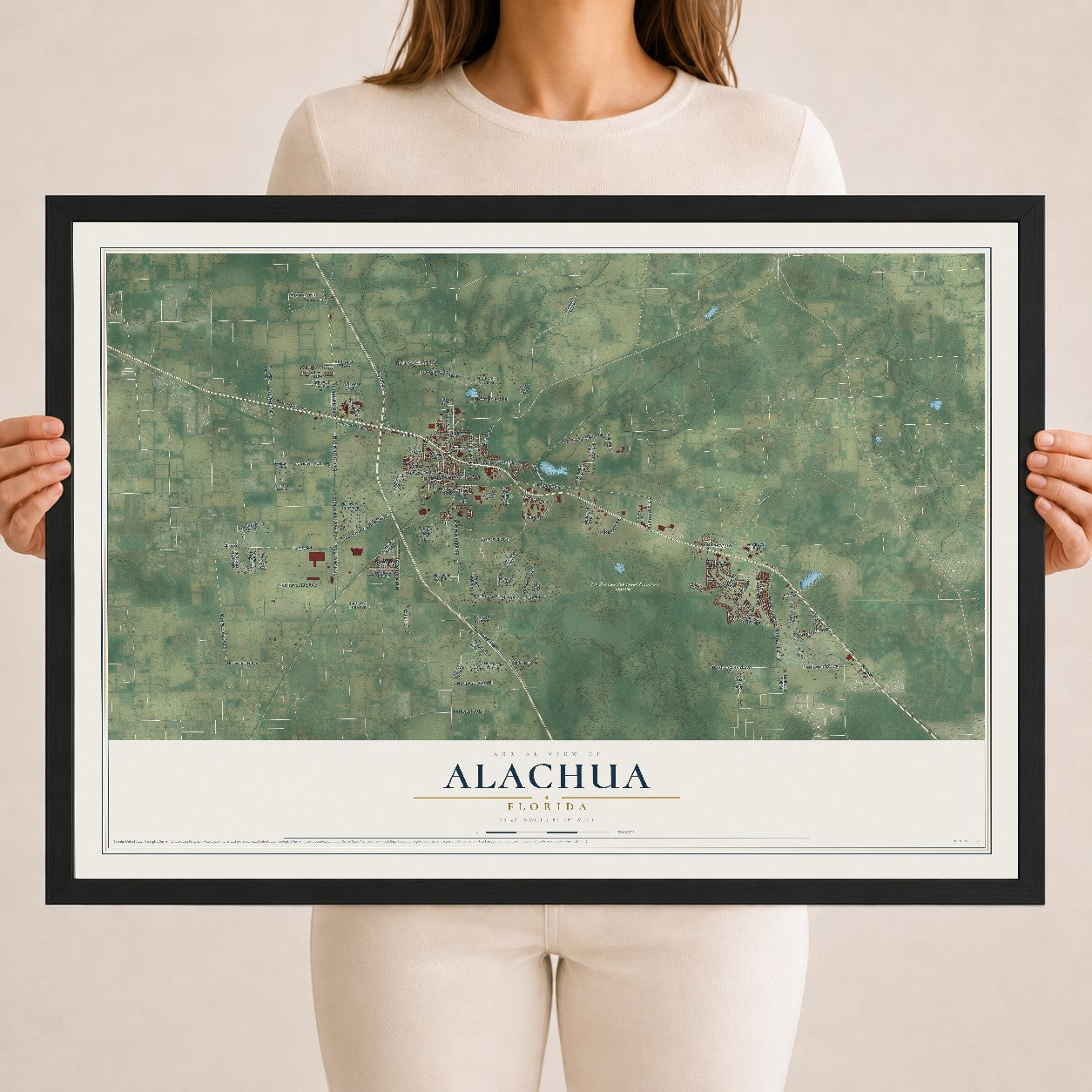 Alachua, Florida map print, 18" x 24" W/ Black Ayous Wood Frame mockup