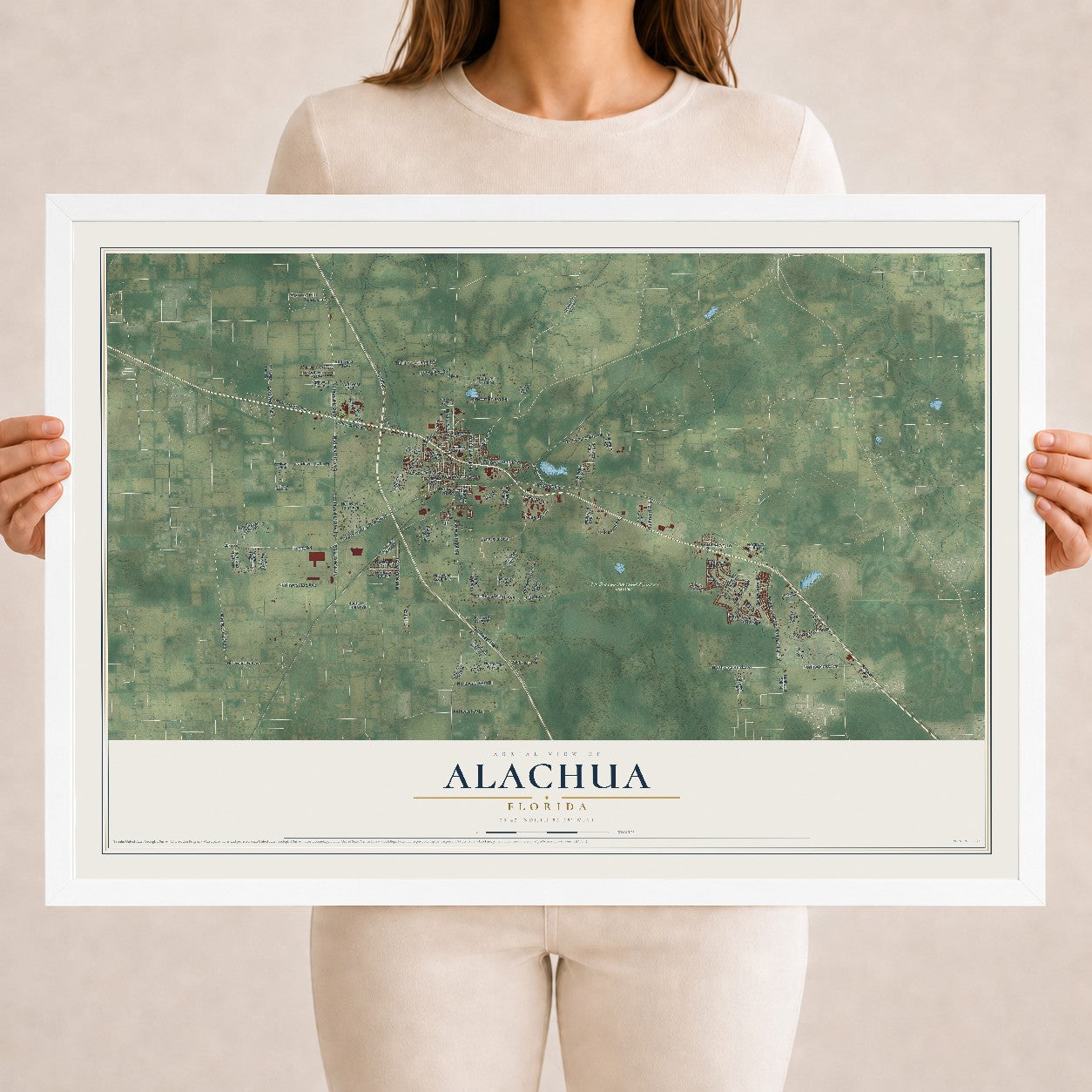 Alachua, Florida map print, 18" x 24" W/ White Ayous Wood Frame mockup