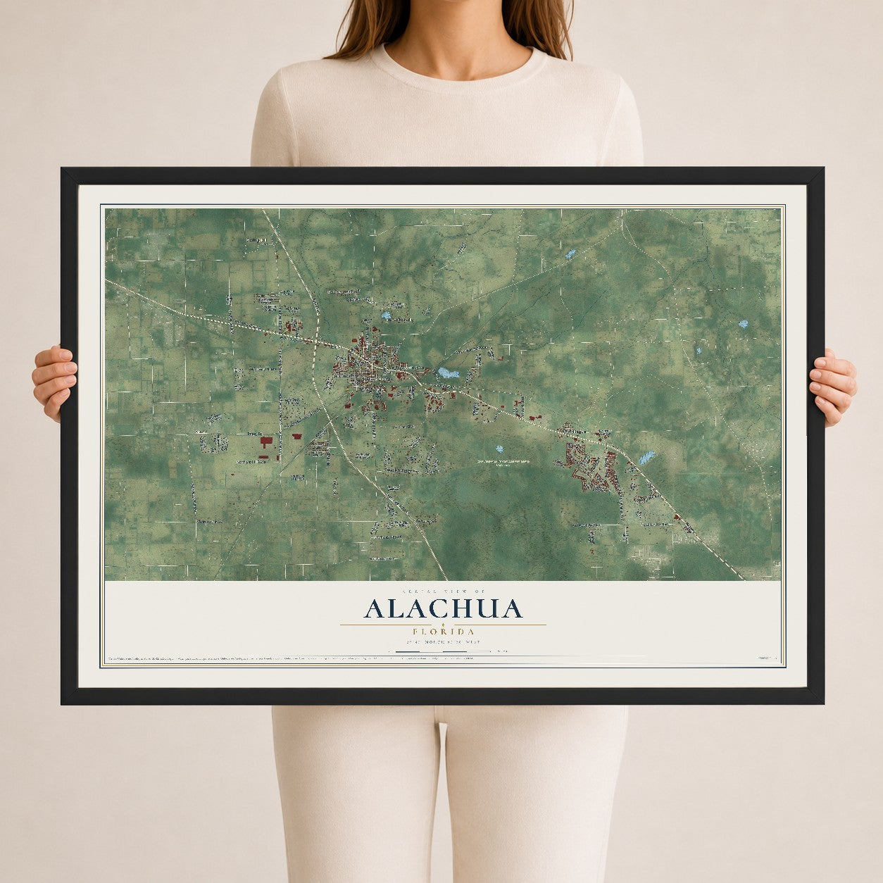 Alachua, Florida map print, 24" x 36" W/ Black Ayous Wood Frame mockup