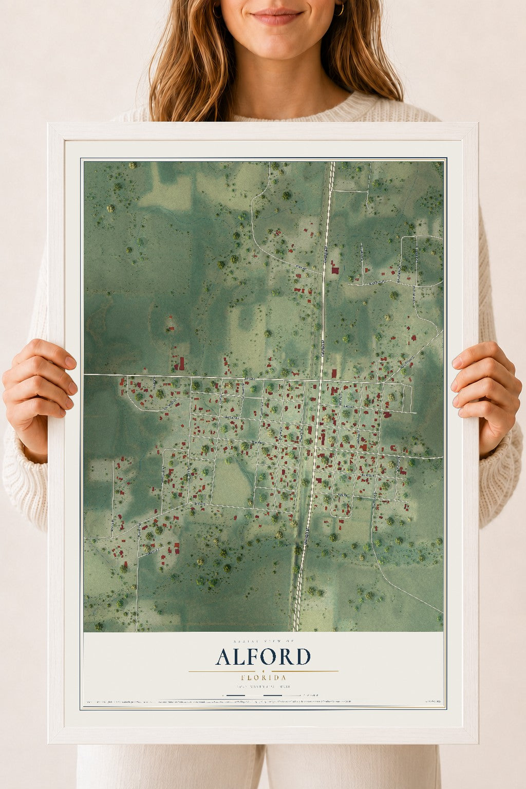 Alford, Florida map print, 18" x 24" W/ White Ayous Wood Frame mockup