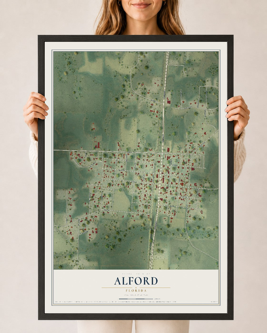 Alford, Florida map print, 24" x 36" W/ Black Ayous Wood Frame mockup