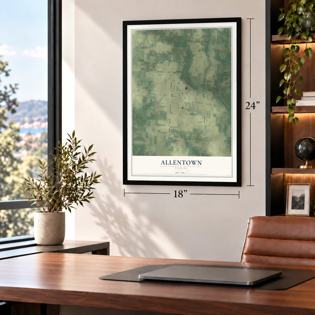 Allentown, Florida map, 18 x 24 inch print in a black frame in a home office