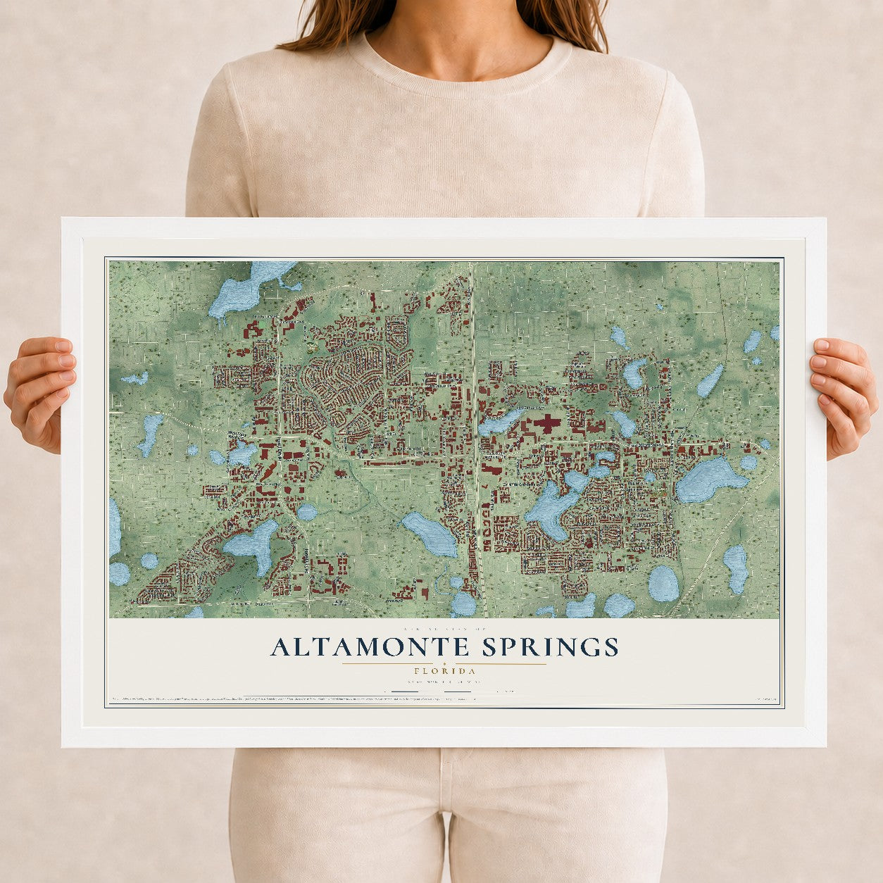 Altamonte Springs, Florida map print, 12" x 18" W/ White Ayous Wood Frame mockup
