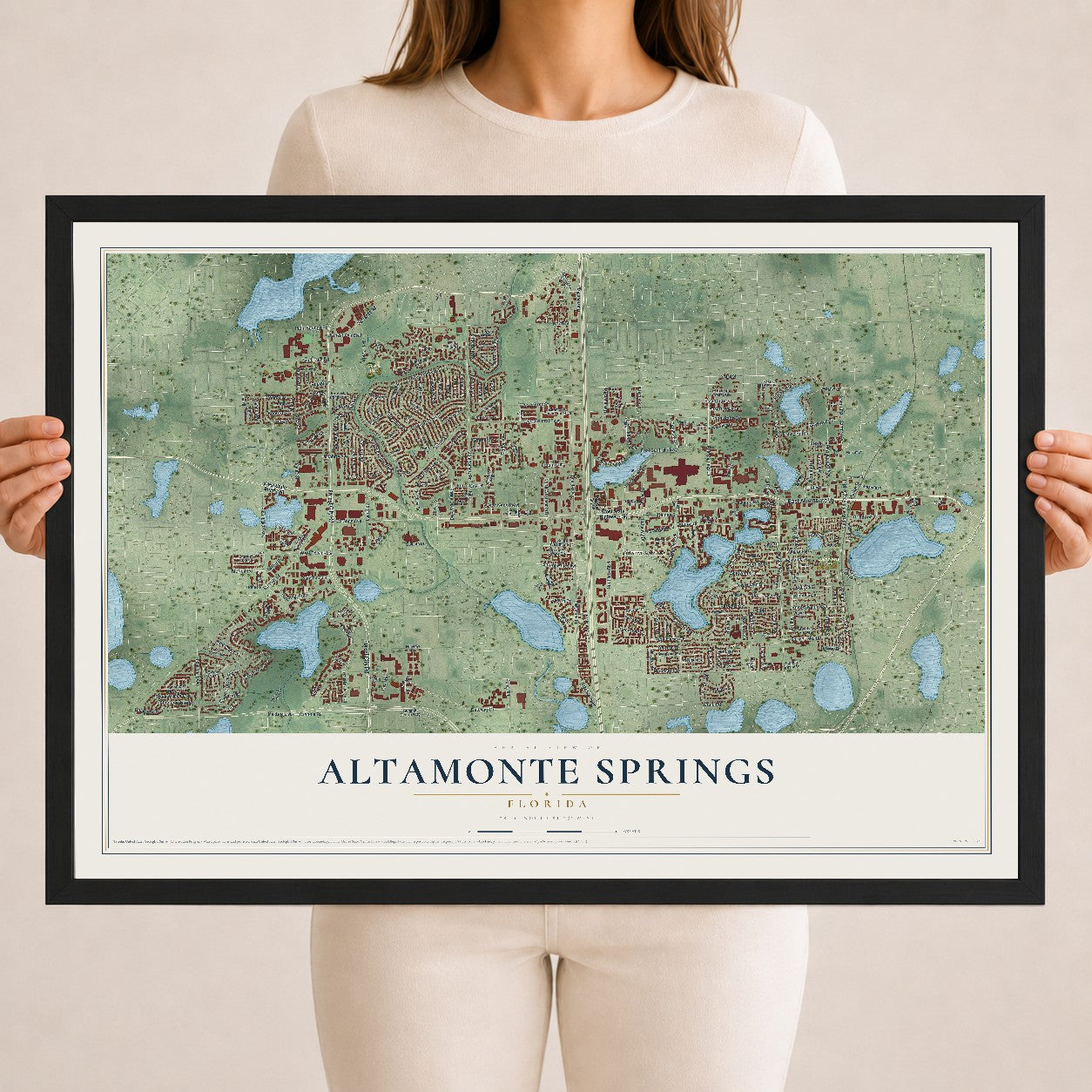 Altamonte Springs, Florida map print, 18" x 24" W/ Black Ayous Wood Frame mockup