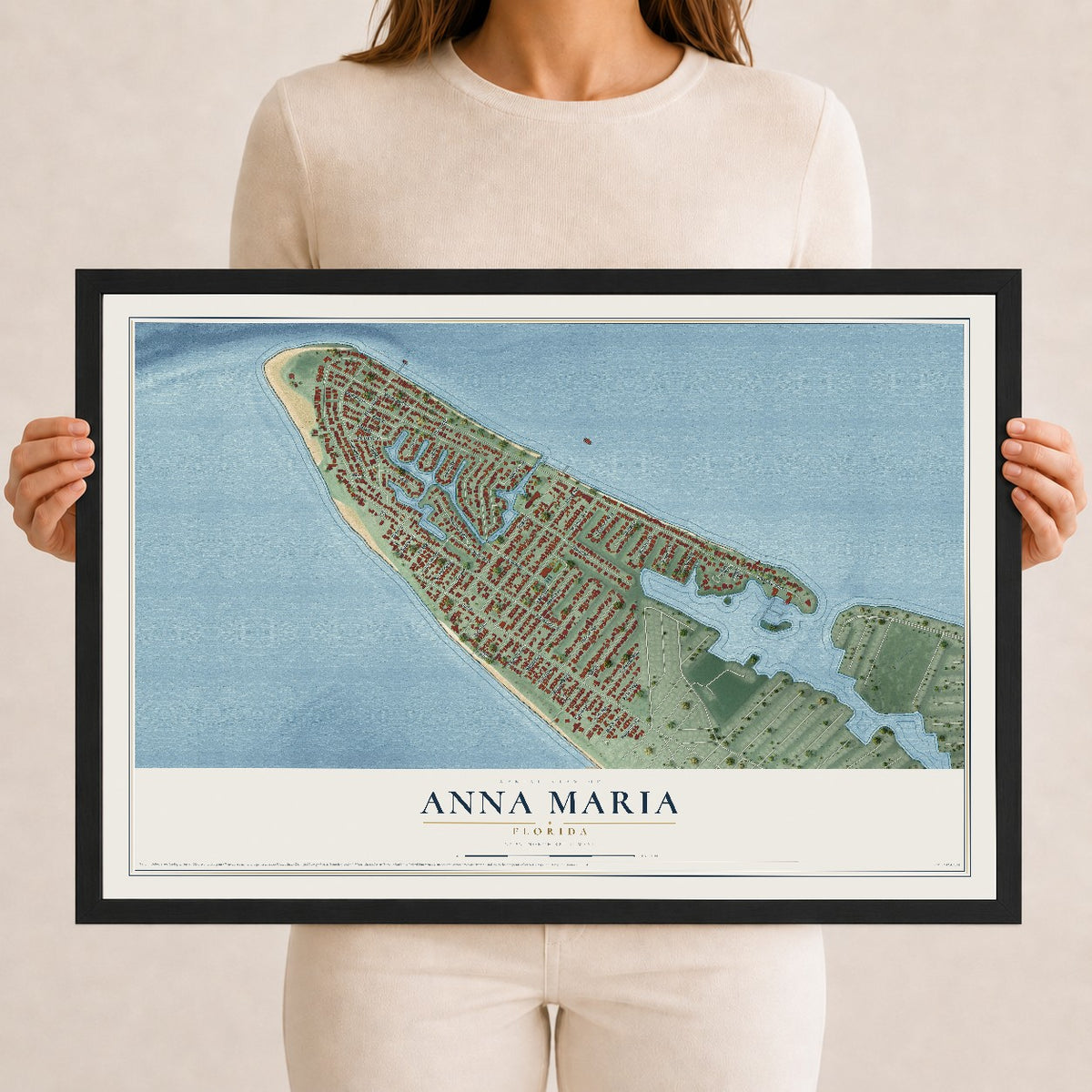 Anna Maria, Florida map print, 12" x 18" W/ Black Ayous Wood Frame mockup