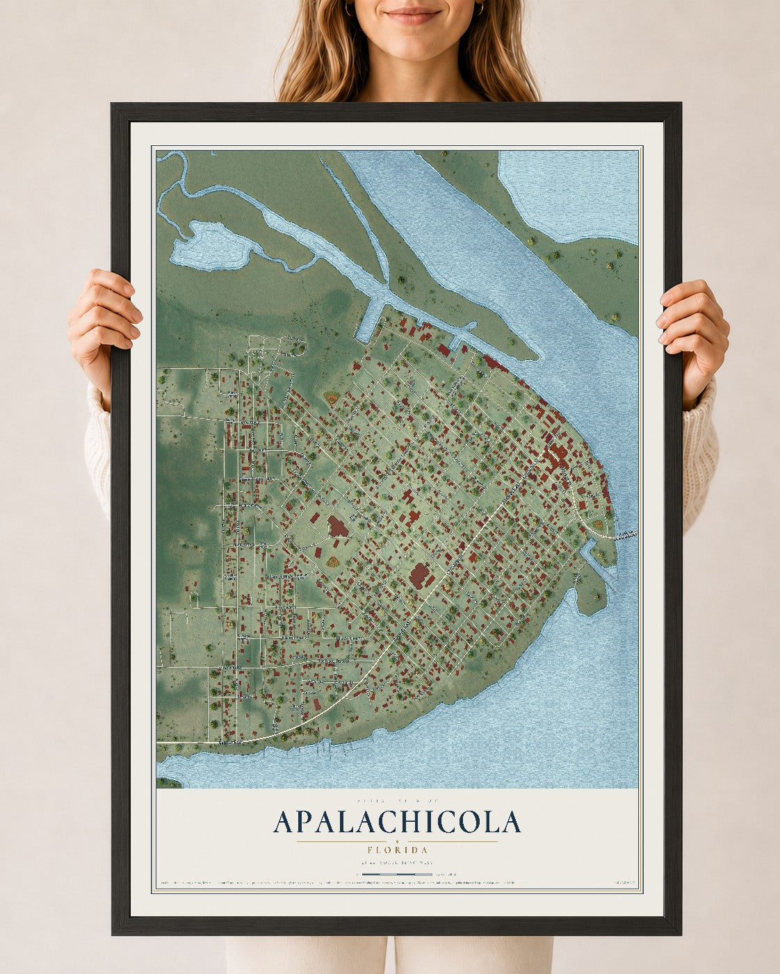 Apalachicola, Florida map print, 24" x 36" W/ Black Ayous Wood Frame mockup