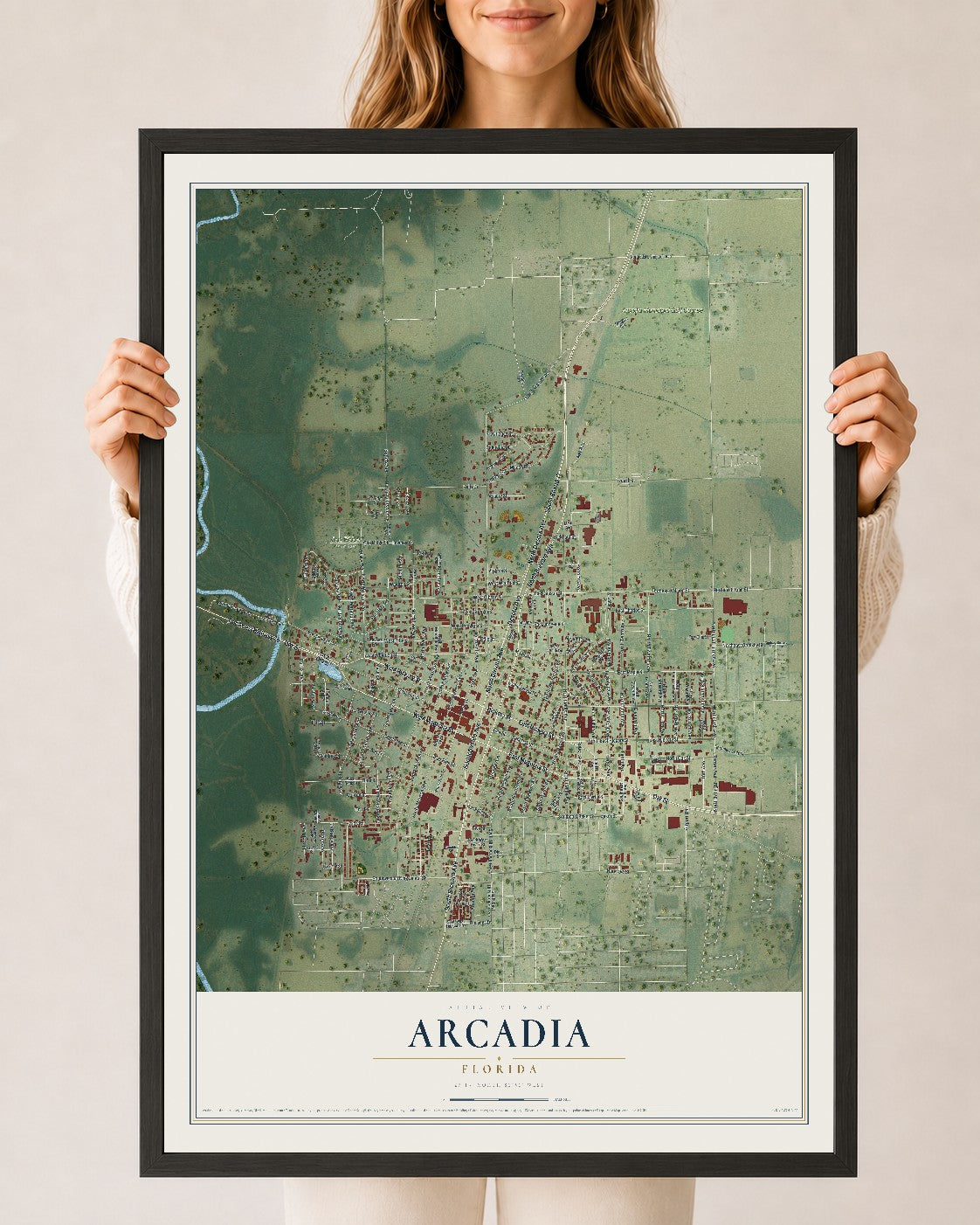 Arcadia, Florida map print, 24" x 36" W/ Black Ayous Wood Frame mockup