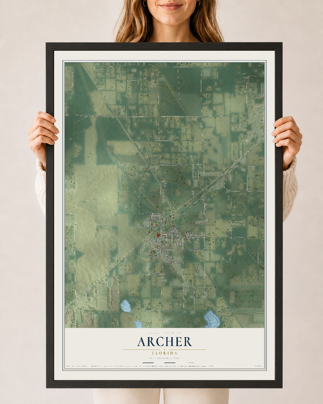 Archer, Florida map print, 24" x 36" W/ Black Ayous Wood Frame mockup