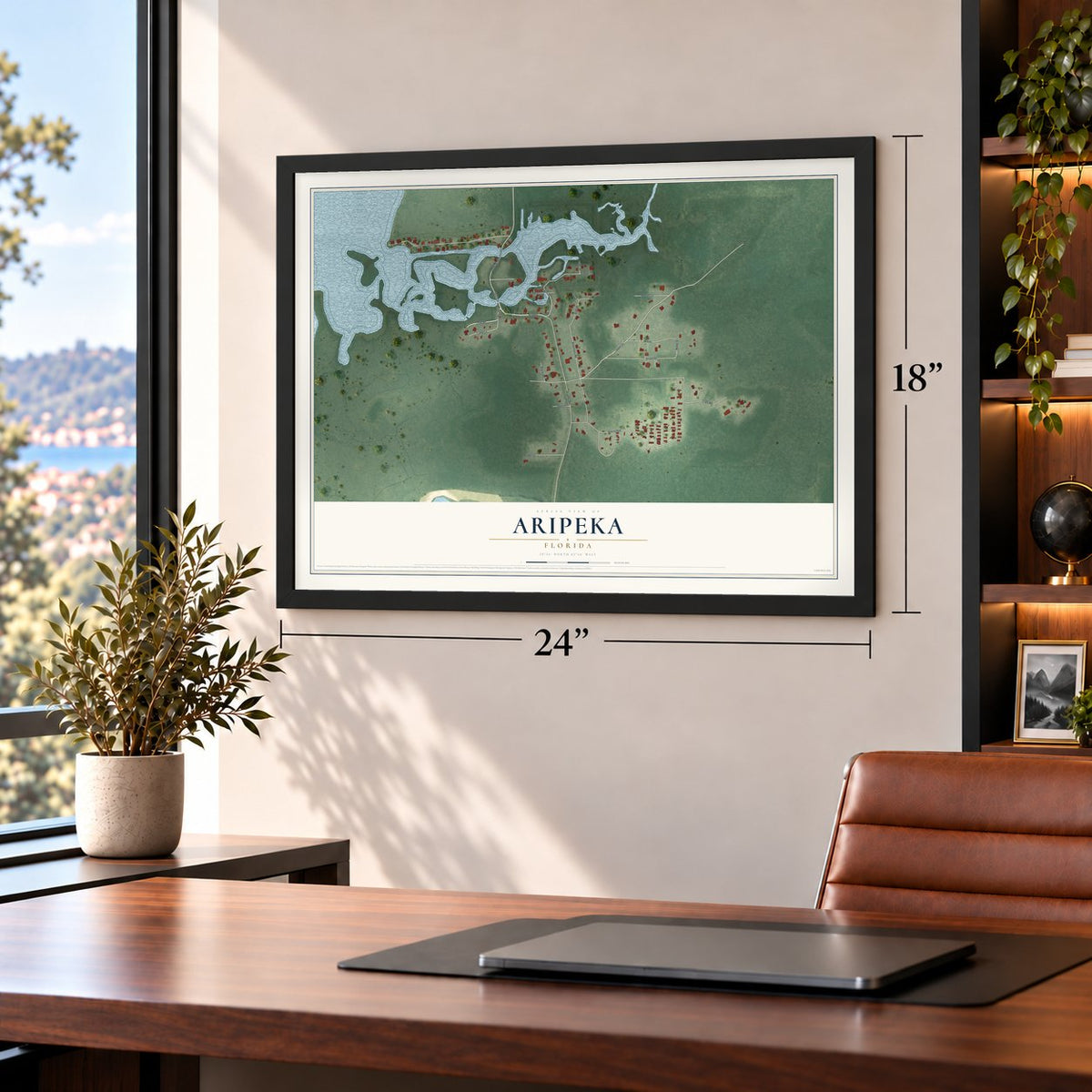 Aripeka, Florida map, 18 x 24 inch print in a black frame in a home office