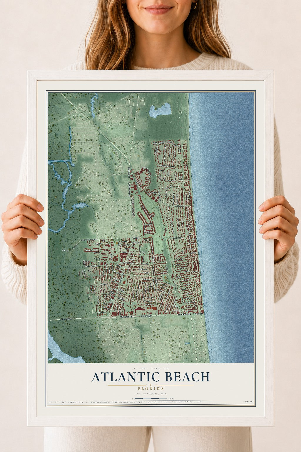 Atlantic Beach, Florida map print, 18" x 24" W/ White Ayous Wood Frame mockup