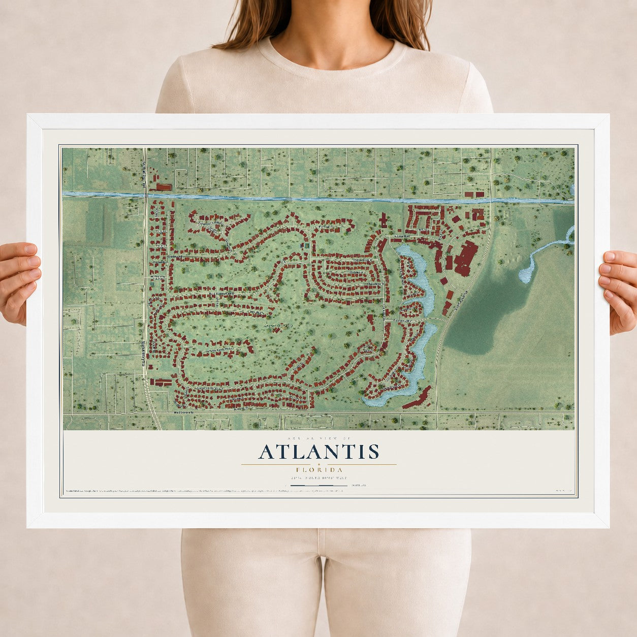 Atlantis, Florida map print, 18" x 24" W/ White Ayous Wood Frame mockup