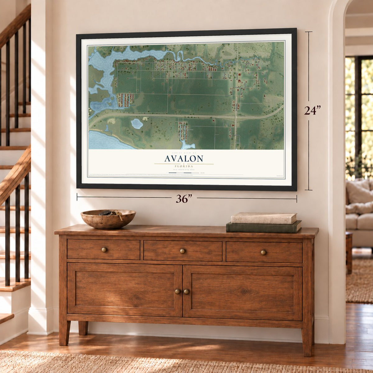 Avalon, Florida map, 24 x 36 inch print in a black frame above a dresser by a staircase