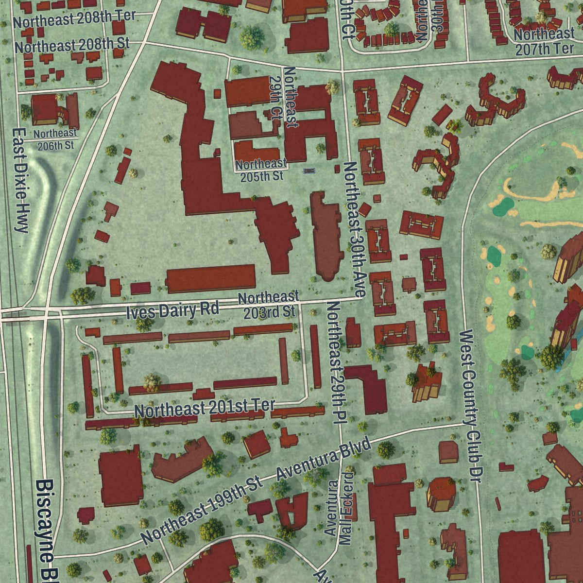 Close-up 2 of the Aventura, Florida map artwork