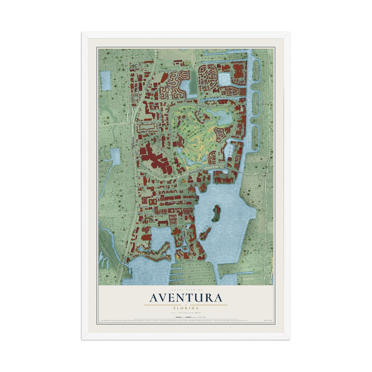 Aventura, Florida map print, 12" x 18" W/ White Ayous Wood Frame mockup