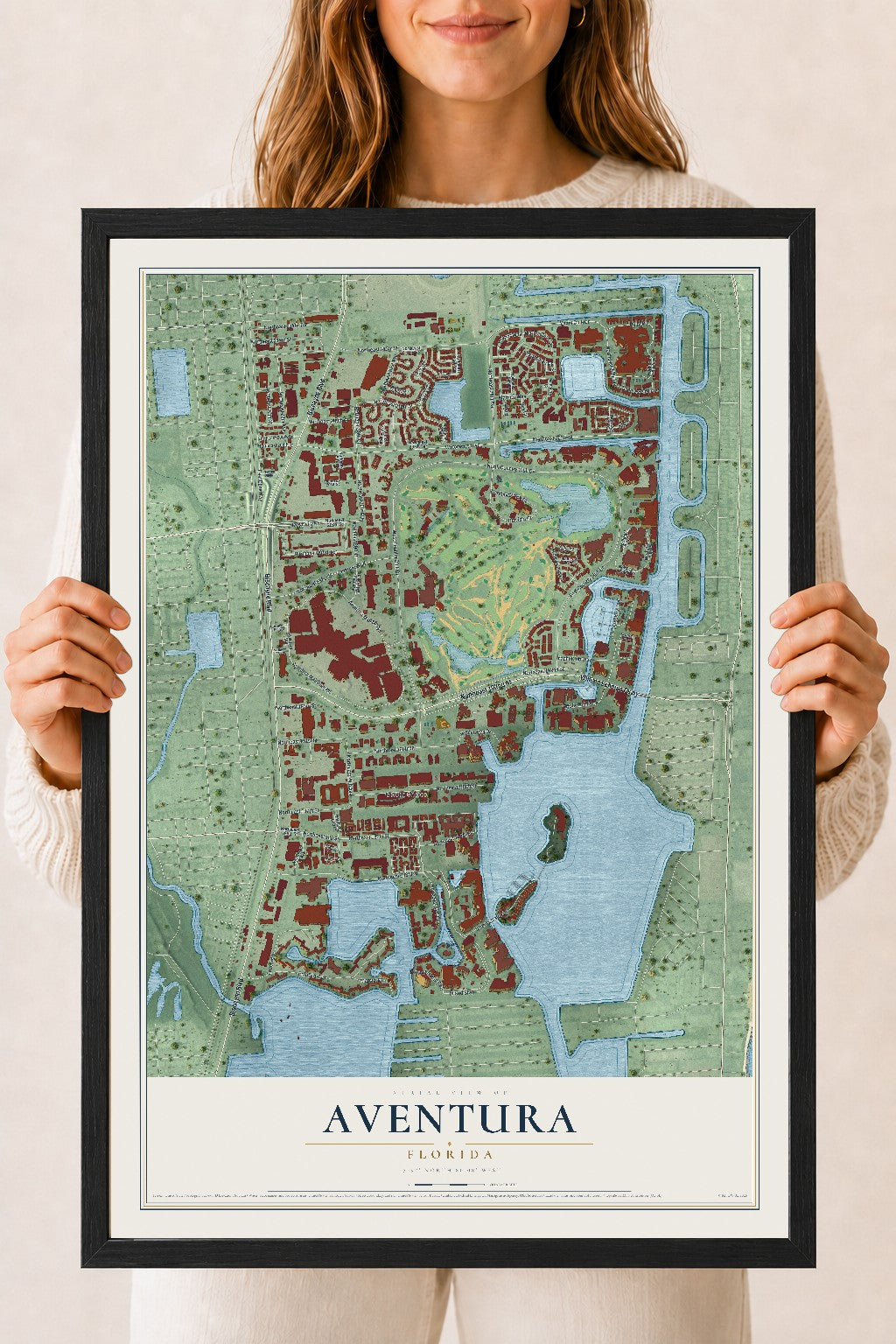 Aventura, Florida map print, 18" x 24" W/ Black Ayous Wood Frame mockup
