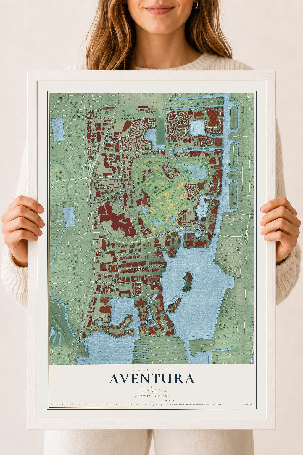 Aventura, Florida map print, 18" x 24" W/ White Ayous Wood Frame mockup