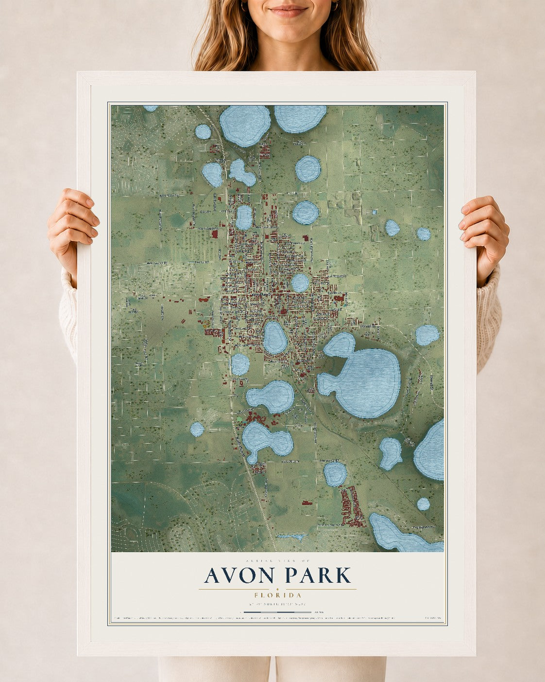Avon Park, Florida map print, 24" x 36" W/ White Ayous Wood Frame mockup