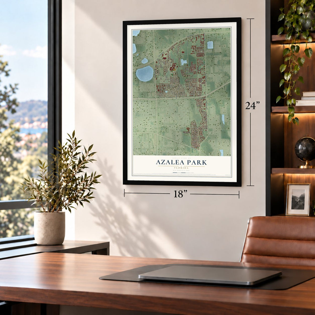 Azalea Park, Florida map, 18 x 24 inch print in a black frame in a home office