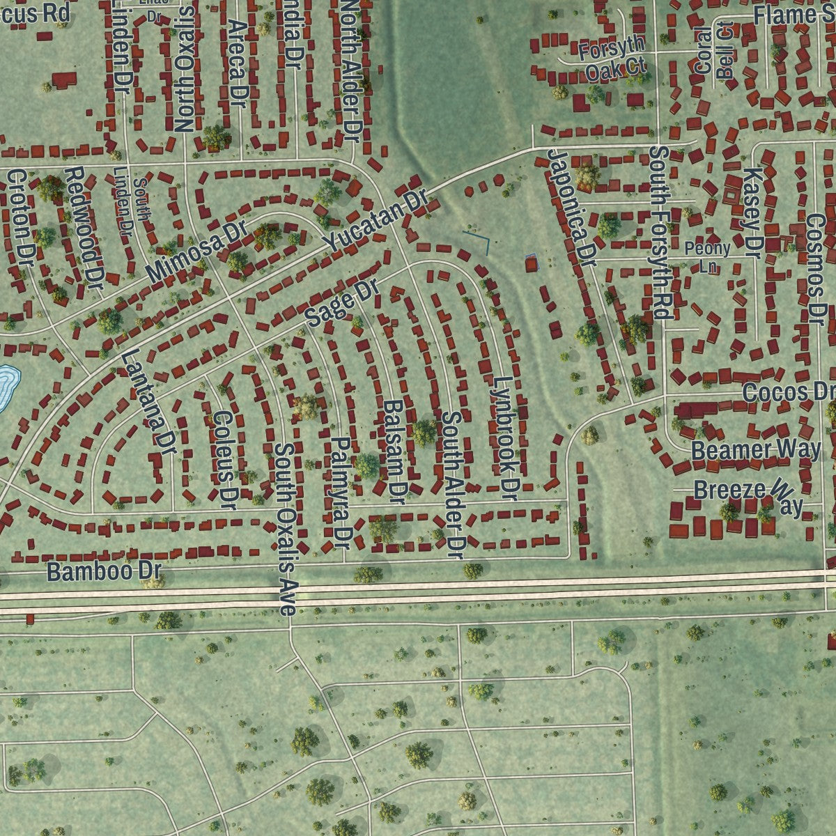 Close-up of the map of Azalea Park, Florida print showing street and building detail