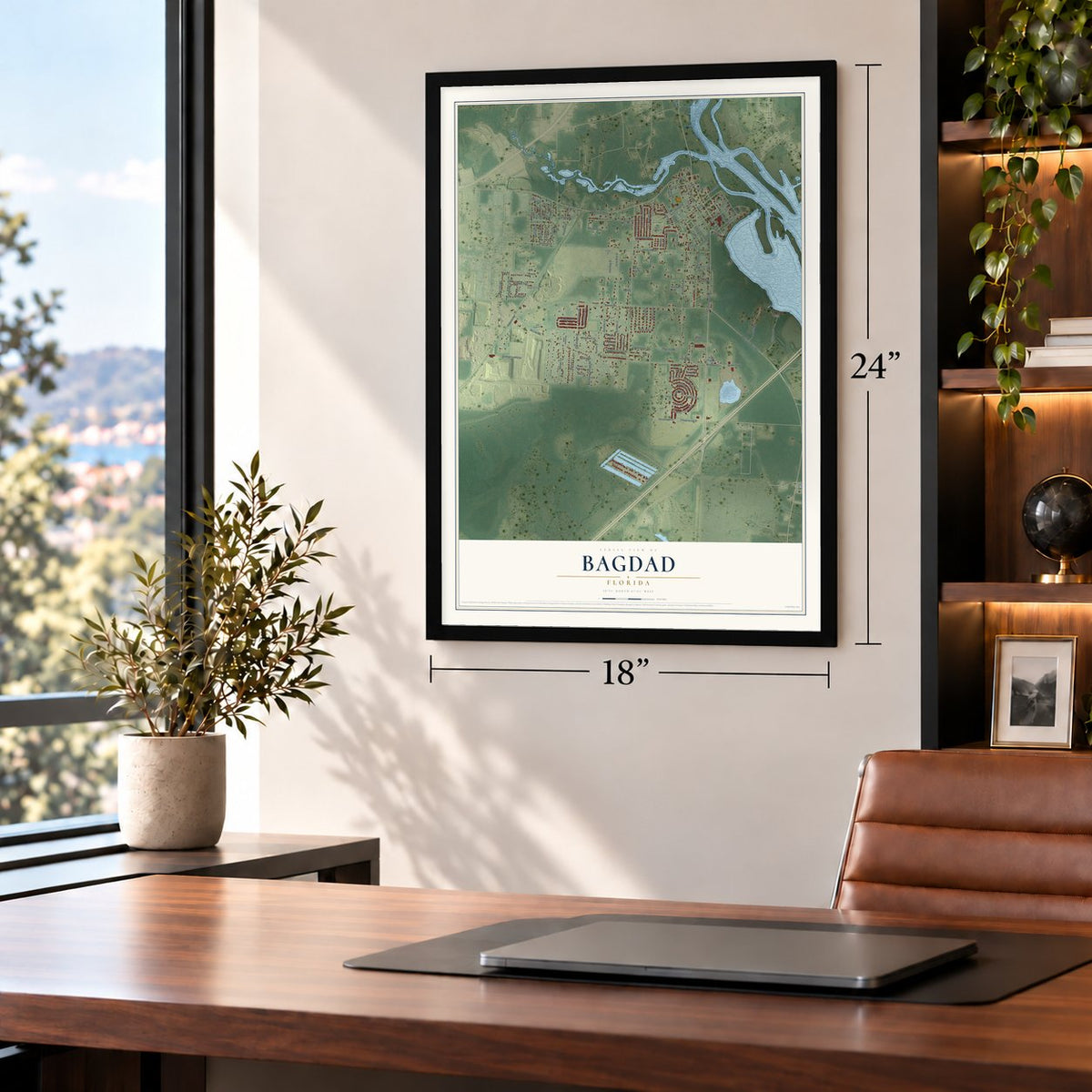 Bagdad, Florida map, 18 x 24 inch print in a black frame in a home office
