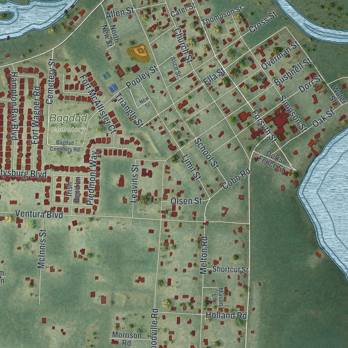 Close-up of the map of Bagdad, Florida print showing street and building detail
