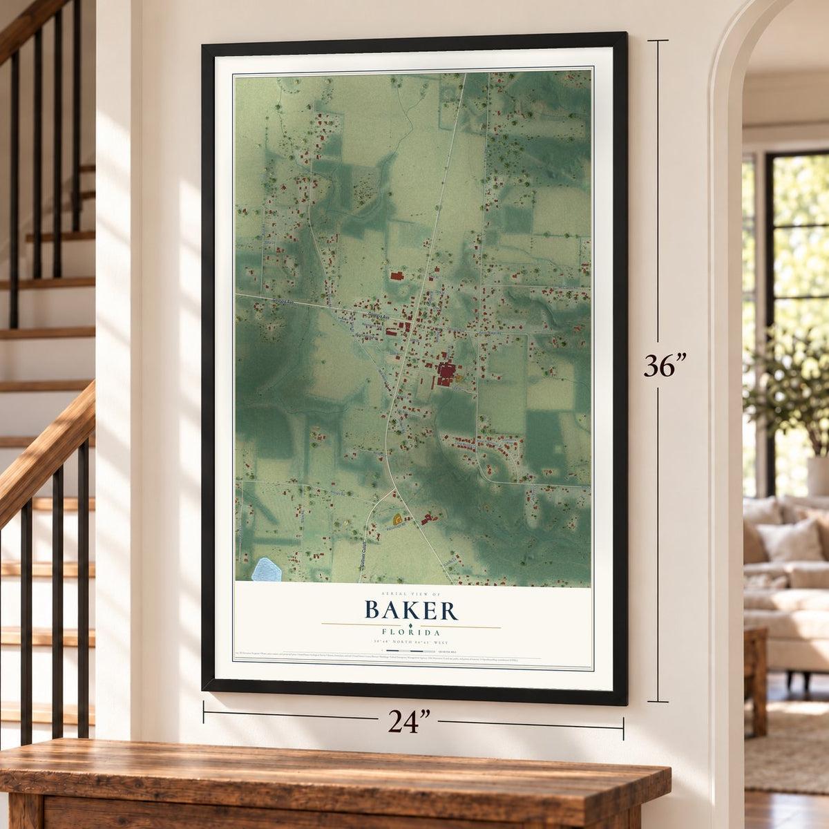 Baker, Florida map, 24 x 36 inch print in a black frame by a staircase