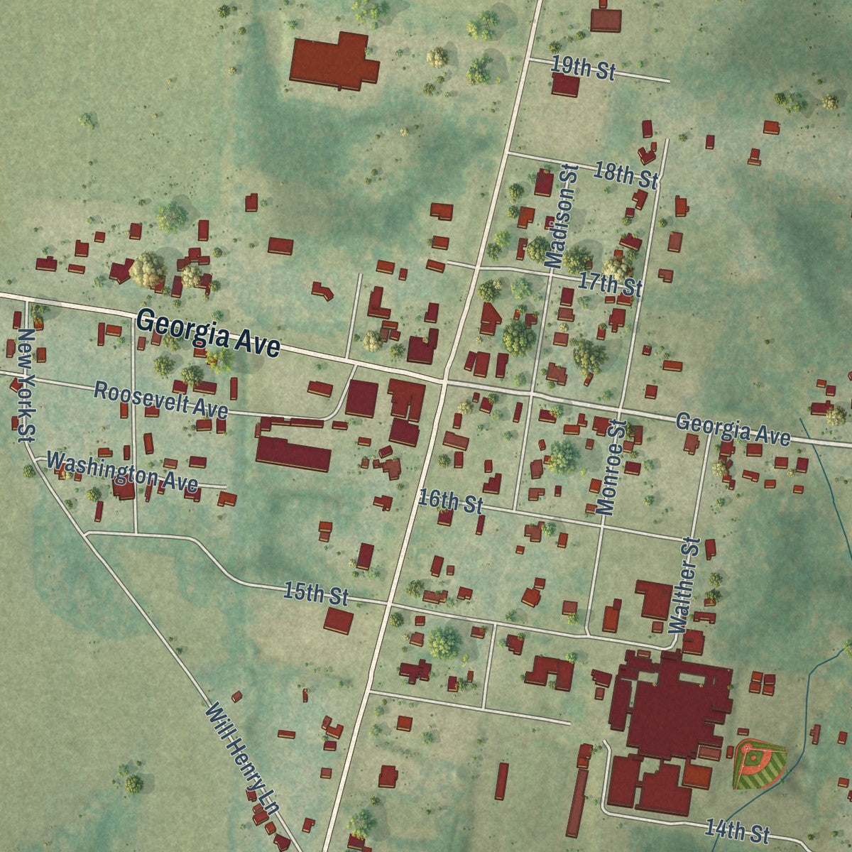 Close-up of the map of Baker, Florida print showing street and building detail