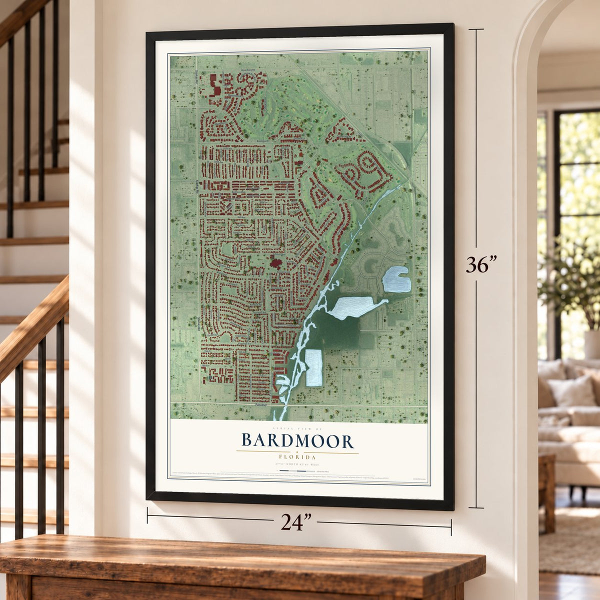 Bardmoor, Florida map, 24 x 36 inch print in a black frame by a staircase