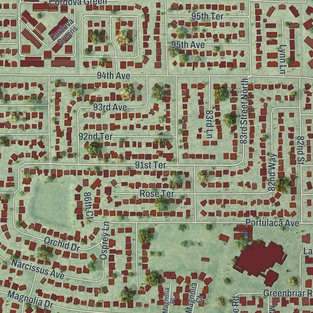 Close-up of the map of Bardmoor, Florida print showing street and building detail