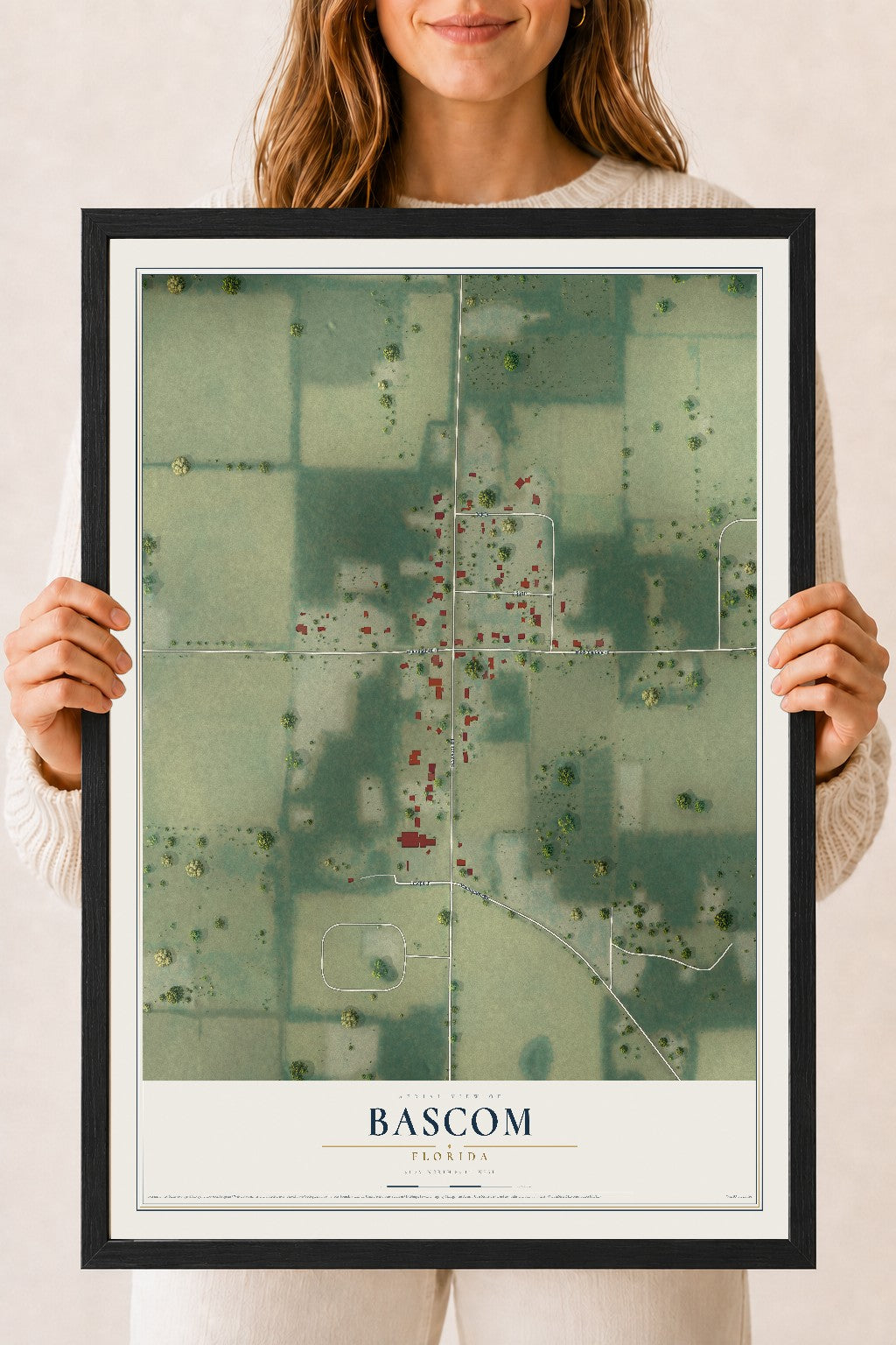 Bascom, Florida map print, 18" x 24" W/ Black Ayous Wood Frame mockup