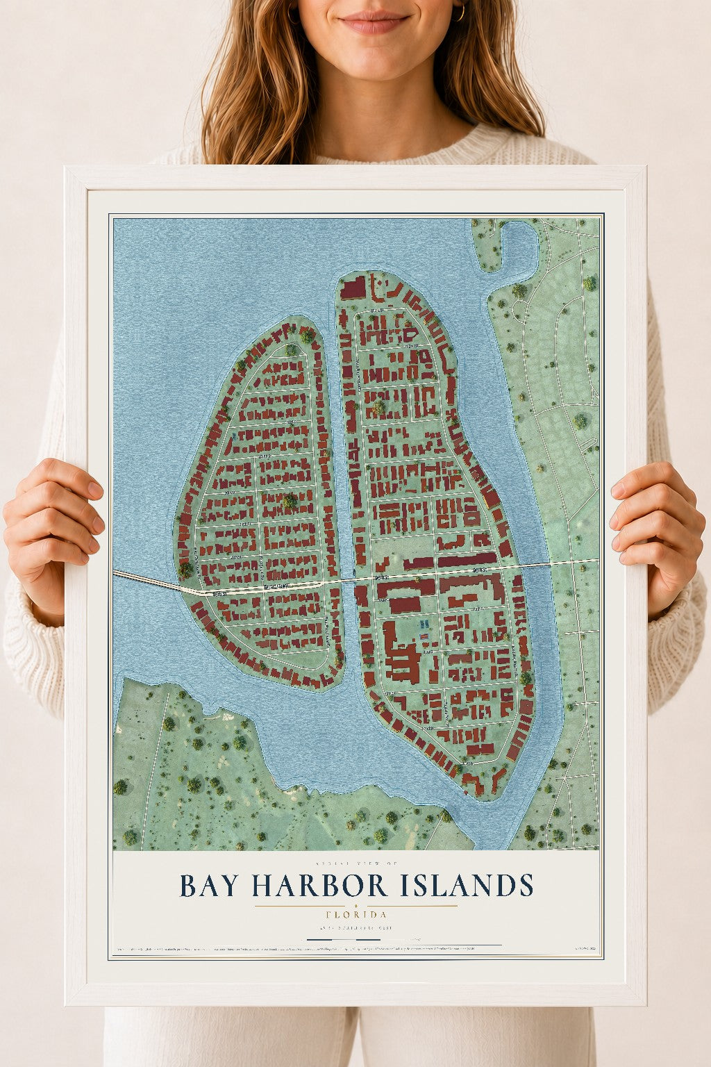Bay Harbor Islands, Florida map print, 18" x 24" W/ White Ayous Wood Frame mockup