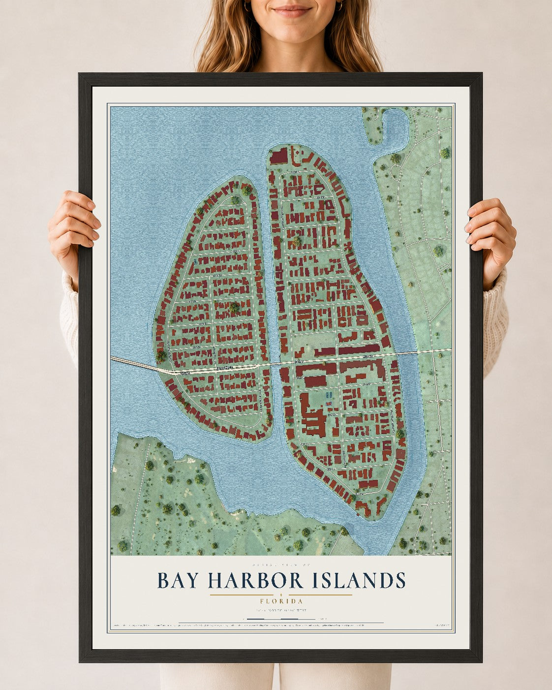 Bay Harbor Islands, Florida map print, 24" x 36" W/ Black Ayous Wood Frame mockup
