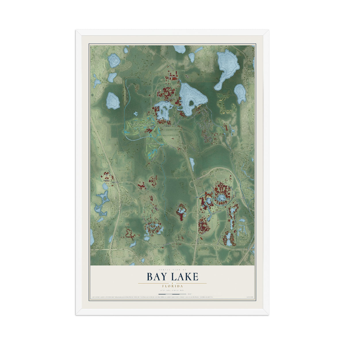 Bay Lake, Florida map print, 12" x 18" W/ White Ayous Wood Frame mockup
